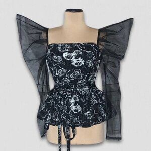 Disney NYC Cheshire Cat Blouse Black White Medium